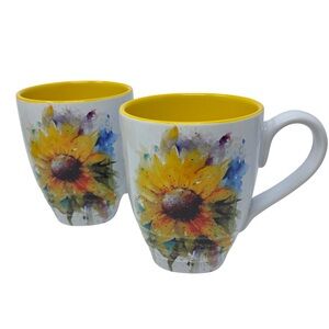 Dean Crouser Sunflower Watercolor Mugs Set of 2 DEMDACO Yellow & White Stoneware